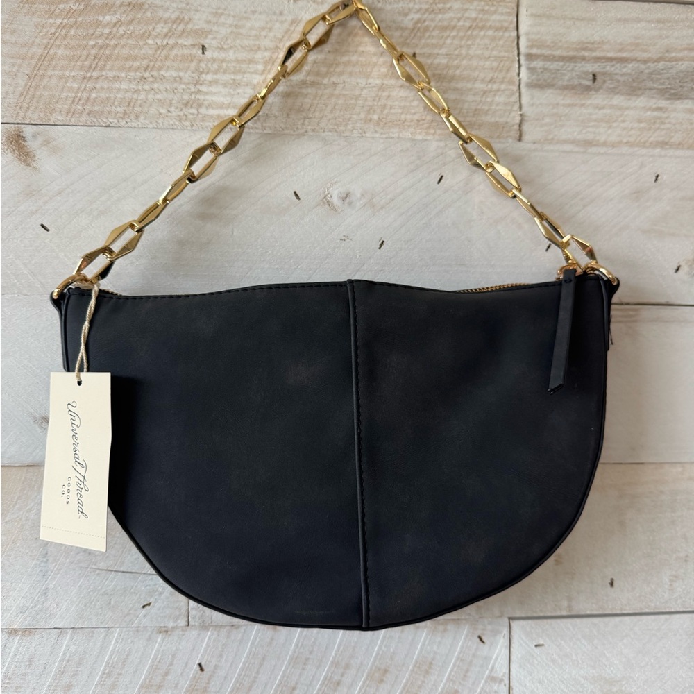 Black Leather Shoulder Bag with Gold Chain